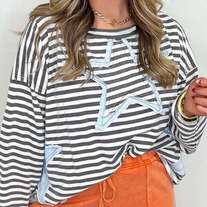 B288 Gray Striped Star Patch Drop Shoulder Long Sleeve Top